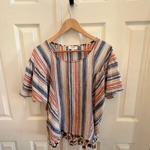Umgee Blue and Orange Striped Short Sleeve Top